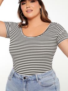 SHEIN BASICS Plus Striped Scoop Neck Tee - Black and White - View 4