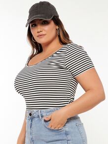 SHEIN BASICS Plus Striped Scoop Neck Tee - Black and White - View 5