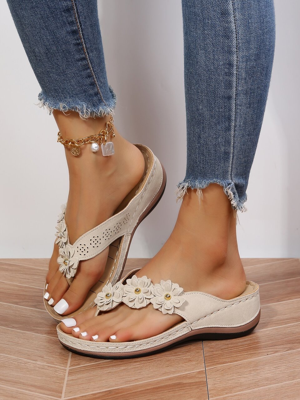 Women's Floral Stitching Pointed Toe Wedge Thick Sole Flip Flops,Spring Summer Outfits
