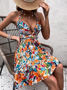 印花繞頸露背打結荷葉邊連衣裙 - 彩色 - 查看 6