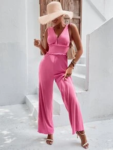 Ribbed Knit Frill Trim Jumpsuit - Hot Pink - View 2
