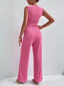 Ribbed Knit Frill Trim Jumpsuit - Hot Pink - View 3