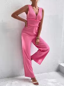 Ribbed Knit Frill Trim Jumpsuit - Hot Pink - View 1