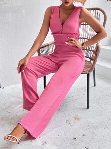 Ribbed Knit Frill Trim Jumpsuit - Hot Pink - View 6
