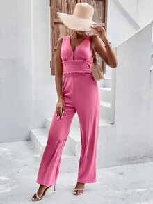 Ribbed Knit Frill Trim Jumpsuit - Hot Pink - View 5