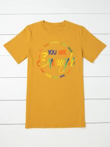 SHEIN LUNE 大碼標語圖案T恤 - 芥末黃 - 查看 4