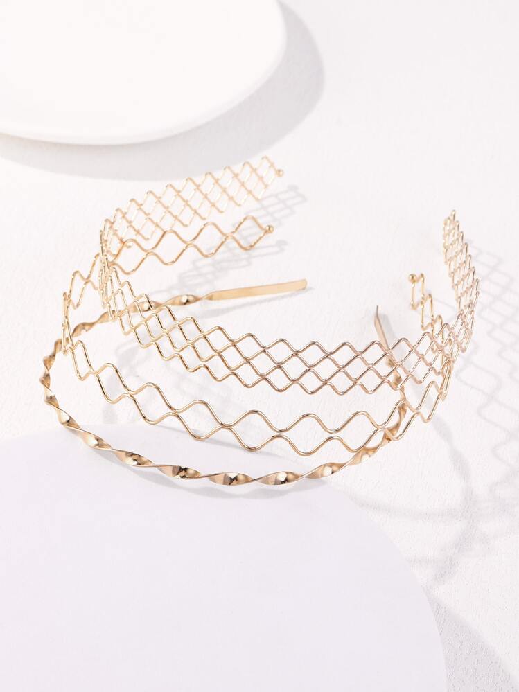 Street 3pcs Hollow Out Twist Design Headband,Gold Head Piece,Hairband,Hair Hoop Headbands Hair Accessories Head Accessories - Gold - View 3