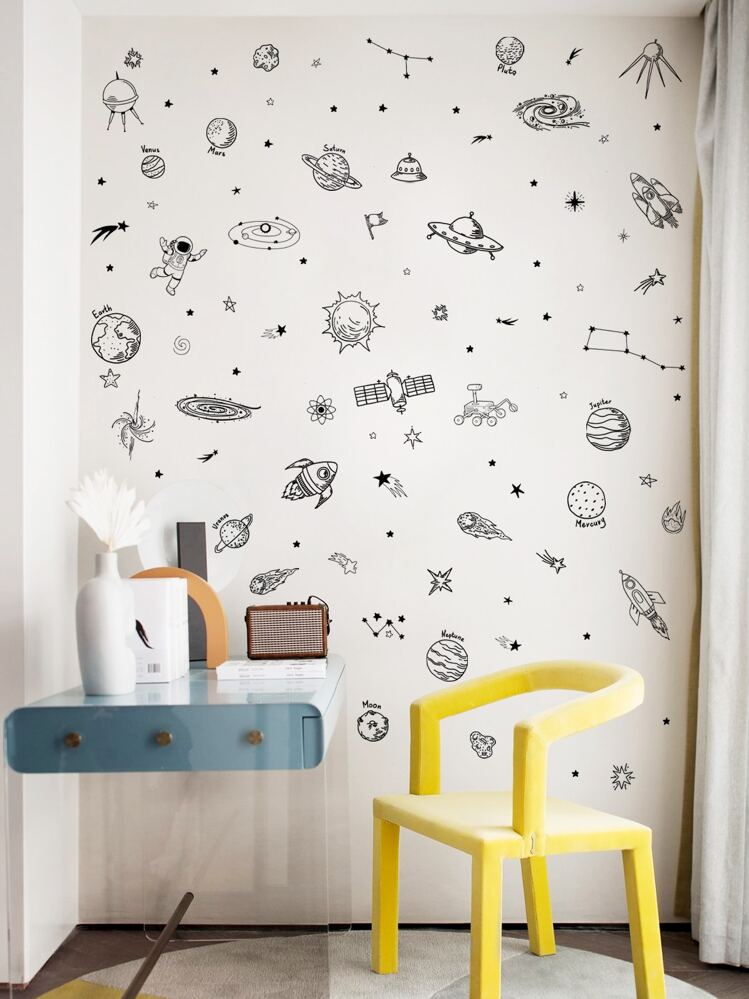 Miếng dán tường họa tiết không gian hoạt hình, nhãn dán, decal dán tường, decal vinyl trang trí nhà cửa, vật dụng trang trí mùa xuân làm mới ngôi nhà của bạn, miếng dán trang trí Rama - màu đen - Xem 1
