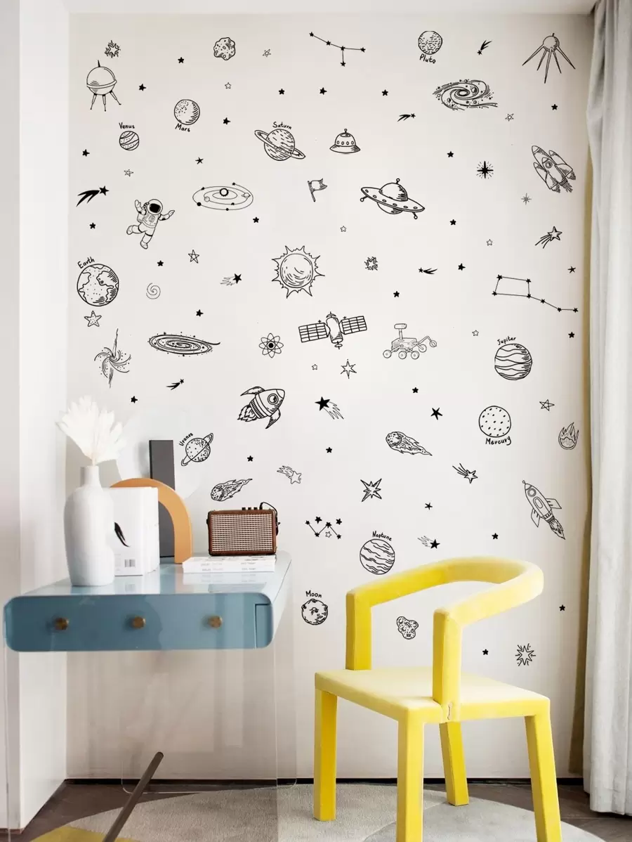 Miếng dán tường họa tiết không gian hoạt hình, nhãn dán, decal dán tường, decal vinyl trang trí nhà cửa, vật dụng trang trí mùa xuân làm mới ngôi nhà của bạn, miếng dán trang trí Rama - màu đen - Xem 1