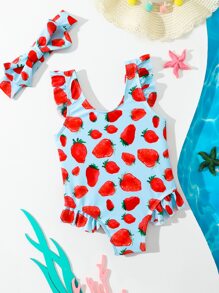 Baby Girl Strawberry Print Ruffle Trim One Piece Swimsuit With Hairband - Blue - View 1