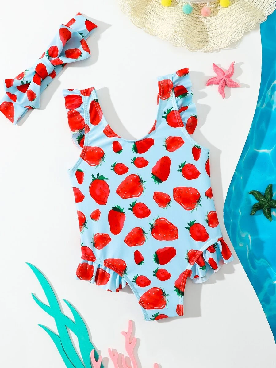 Baby Girl Strawberry Print Ruffle Trim One Piece Swimsuit With Hairband - Blue - View 1