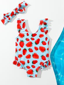 Baby Girl Strawberry Print Ruffle Trim One Piece Swimsuit With Hairband - Blue - View 2