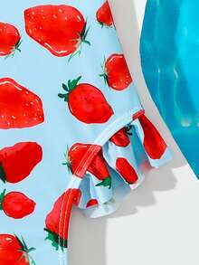 Baby Girl Strawberry Print Ruffle Trim One Piece Swimsuit With Hairband - Blue - View 3