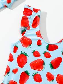 Baby Girl Strawberry Print Ruffle Trim One Piece Swimsuit With Hairband - Blue - View 4