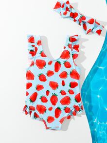 Baby Girl Strawberry Print Ruffle Trim One Piece Swimsuit With Hairband - Blue - View 5