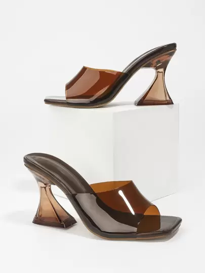 8.5cm Square Toe Brown High Heel Transparent Mule Sandals, Asymmetric Heel Acrylic Open Toe Slides, Summer New Styles For Daily Wear/Beach Party Women Shoes
