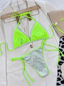 Metallic Contrast Binding Halter Triangle Tie Side Bikini Set, For Summer Beach Vacation - Silver - View 2