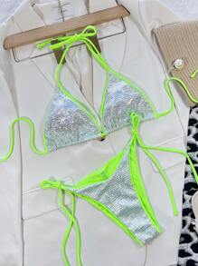 Metallic Contrast Binding Halter Triangle Tie Side Bikini Set, For Summer Beach Vacation - Silver - View 3