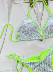 Metallic Contrast Binding Halter Triangle Tie Side Bikini Set, For Summer Beach Vacation - Silver - View 4
