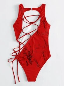 Lace Up One Piece Swimsuit, For Summer Beach Vacation - Red - View 1
