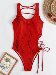 Lace Up One Piece Swimsuit, For Summer Beach Vacation - Red - View 5