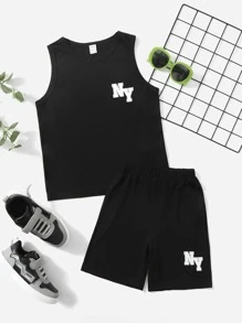 SHEIN Bộ hai mảnh Trai Lá thư Giải trí - màu đen - Xem 1