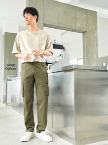 Manfinity RebelGame Tops Nam Bất đối xứng Trọn gói màu trơn Giải trí - Màu Khaki - Xem 4