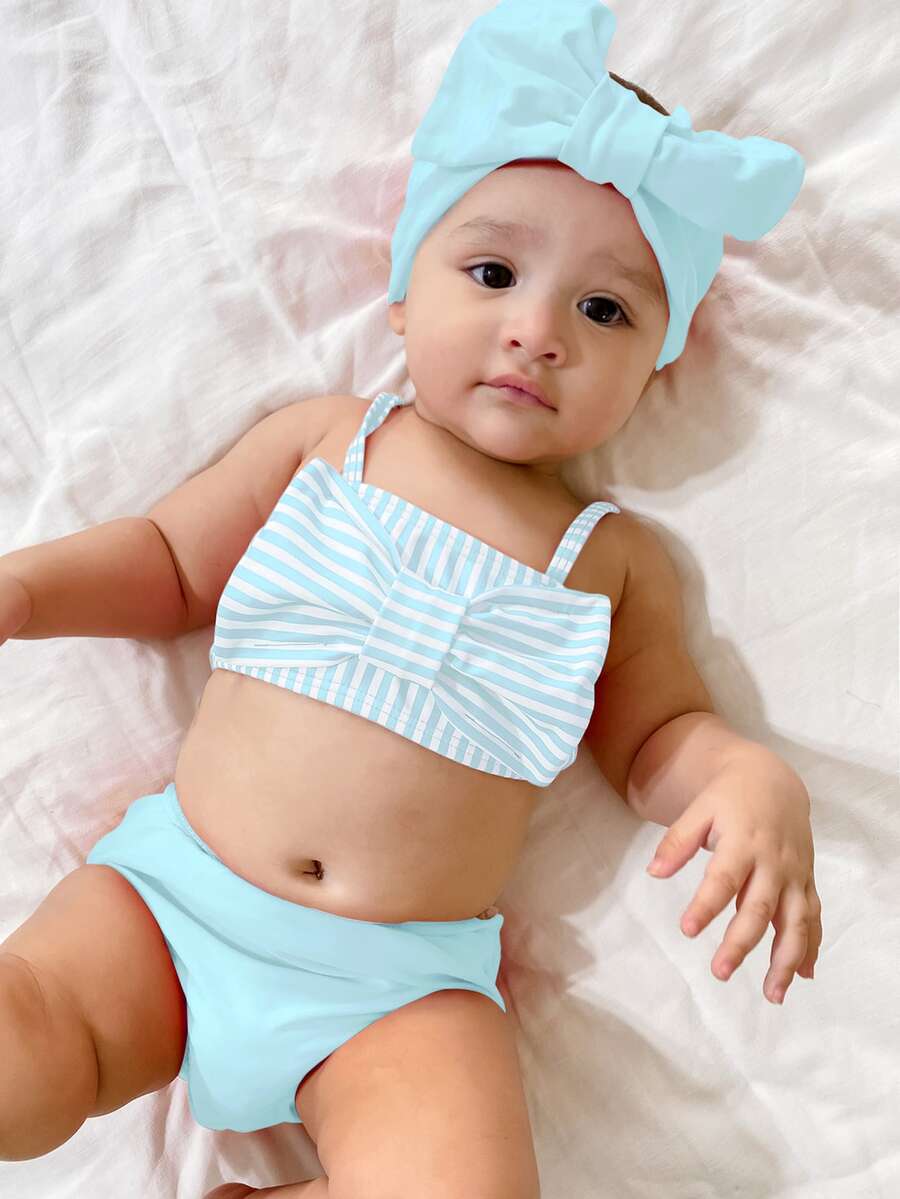 Baby Girl Striped Bow Front Beachwear With Headband Summer Beach - Blue - View 1