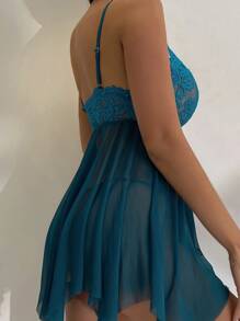 Floral Lace Mesh Babydoll Sexy Lingerie Dress & Thong - Teal Blue - View 2