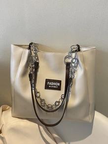 防水、轻便、商务休闲、大容量字母贴片和链条装饰单肩托特包，母亲节礼物，适合妈妈、少女、女大学生、新秀和白领工作者，非常适合办公室、大学、工作、商务、通勤 - 米色 - 查看 5