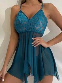 Floral Lace Mesh Babydoll Sexy Lingerie Dress & Thong - Teal Blue - View 5