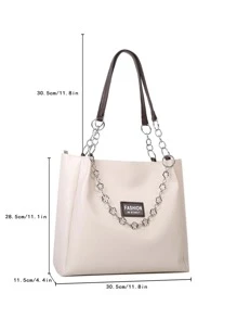 防水、轻便、商务休闲、大容量字母贴片和链条装饰单肩托特包，母亲节礼物，适合妈妈、少女、女大学生、新秀和白领工作者，非常适合办公室、大学、工作、商务、通勤 - 米色 - 查看 6