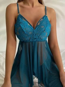 Floral Lace Mesh Babydoll Sexy Lingerie Dress & Thong - Teal Blue - View 8