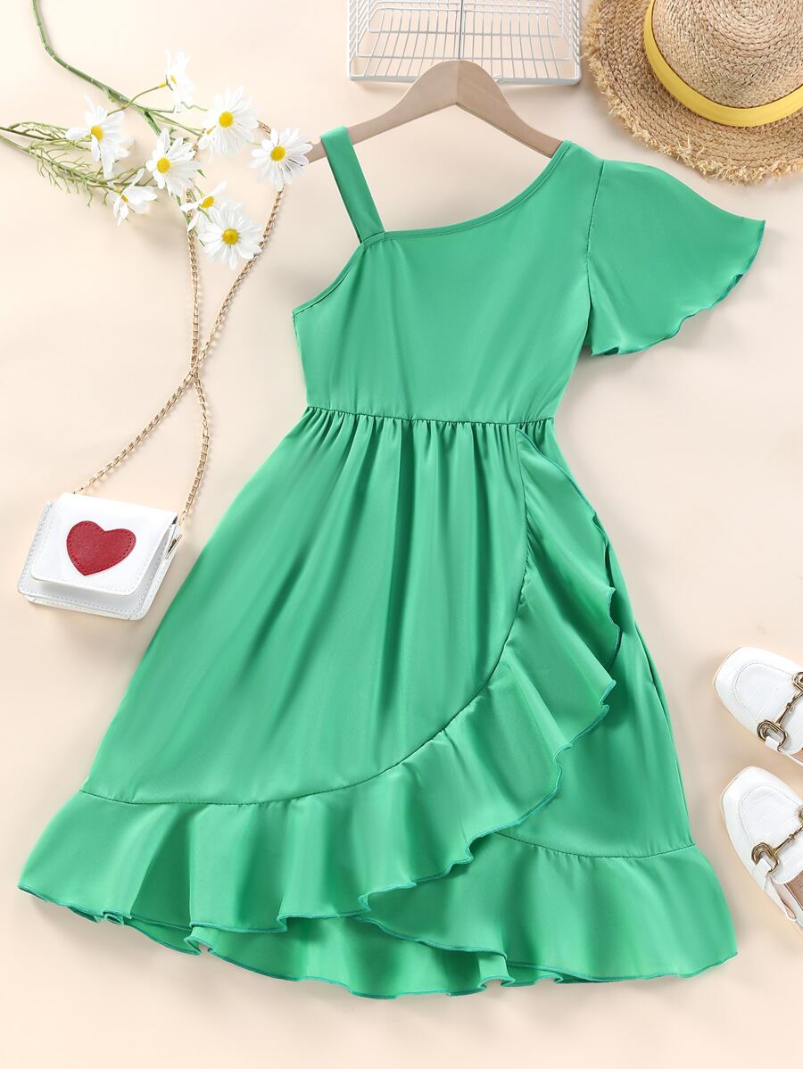 Niñas Vestido cruzado de cuello asimétrico de manga mariposa ribete con fruncido - Verde - Ver 1