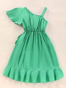 Niñas Vestido cruzado de cuello asimétrico de manga mariposa ribete con fruncido - Verde - Ver 2