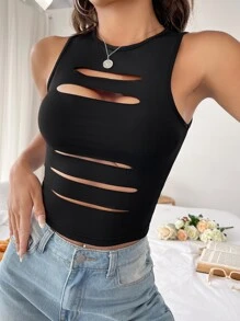 SHEIN Essnce Cut Out Crop Tank Top - Black - View 4