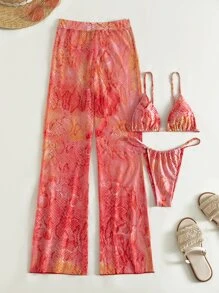 Snakeskin Print Triangle Bikini With Beach Pants - Multicolor - View 5
