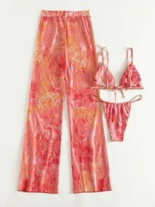 Snakeskin Print Triangle Bikini With Beach Pants - Multicolor - View 4