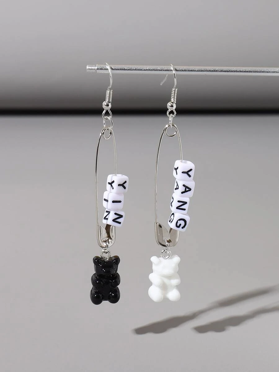 Bear Decor Pin Drop Earrings - Black and White - View 1