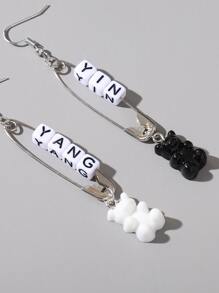 Bear Decor Pin Drop Earrings - Black and White - View 2