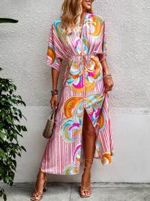 Breezaya 圖案和條紋圖案木耳褶皺邊珍珠下擺開叉蝙蝠袖連衣裙 - 彩色 - 查看 1