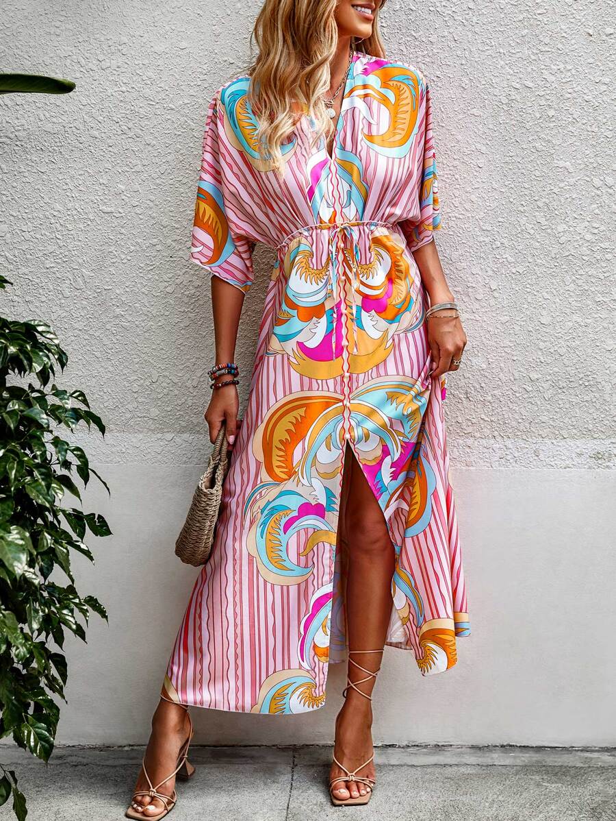 Breezaya 圖案和條紋圖案木耳褶皺邊珍珠下擺開叉蝙蝠袖連衣裙 - 彩色 - 查看 1