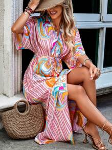 Breezaya 圖案和條紋圖案木耳褶皺邊珍珠下擺開叉蝙蝠袖連衣裙 - 彩色 - 查看 3