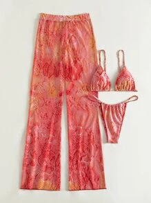 Snakeskin Print Triangle Bikini With Beach Pants - Multicolor - View 6