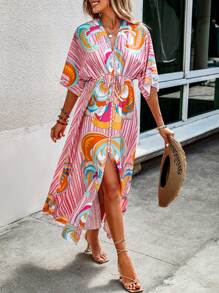 Breezaya 圖案和條紋圖案木耳褶皺邊珍珠下擺開叉蝙蝠袖連衣裙 - 彩色 - 查看 5