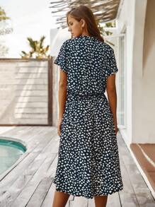 Breezaya Vestido línea A de cintura con cordón con estampado de lunares - Azul Marino - Ver 2
