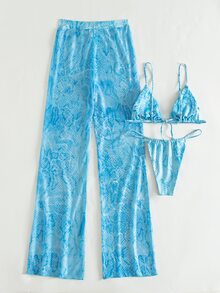 SHEIN Swim 2025 Women Summer Beach Snake Skin Print Sexy Bikini Set With Cover Up Pants - Blue - View 5