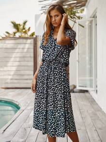 Breezaya Vestido línea A de cintura con cordón con estampado de lunares - Azul Marino - Ver 3