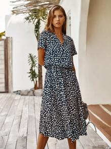 Breezaya Vestido línea A de cintura con cordón con estampado de lunares - Azul Marino - Ver 4