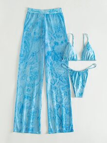 SHEIN Swim 2025 Women Summer Beach Snake Skin Print Sexy Bikini Set With Cover Up Pants - Blue - View 8